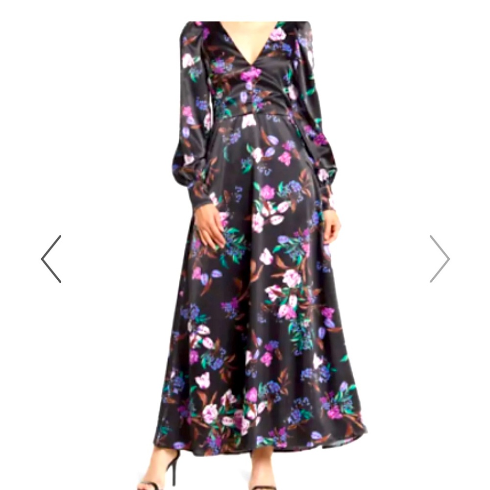 AFRM black long floral dress. Log sleeves. Satin size XS